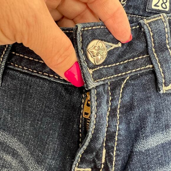 Miss Me Capri Cropped Embroidered Studded Wide Leg Denim Jean Blue Stretch Sz 28 - Picture 6 of 16